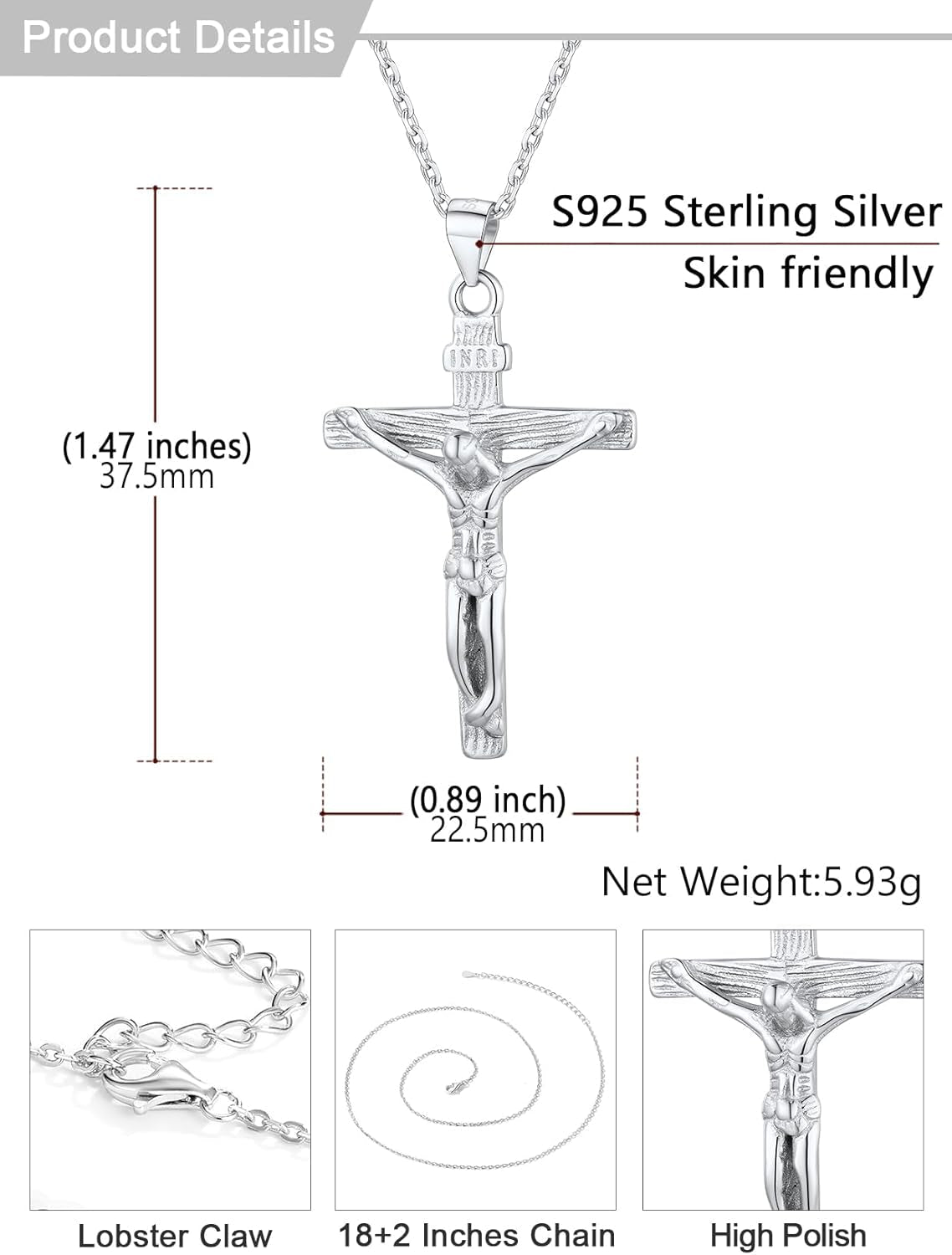 Men Crucifix Cross Pendant with Chain Baptism Christian Jewelry Stainless Steel/18K Gold Antique Jesus Necklace, Gift Packed,Length 22"