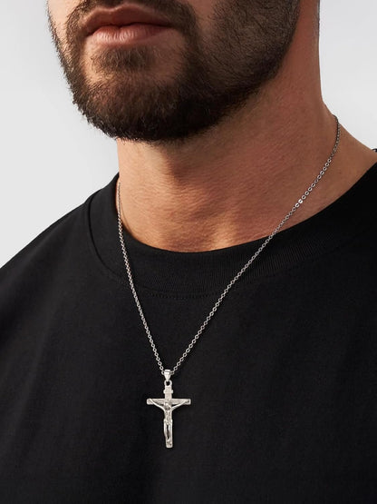 Men Crucifix Cross Pendant with Chain Baptism Christian Jewelry Stainless Steel/18K Gold Antique Jesus Necklace, Gift Packed,Length 22" - WORLD TIME VISITS