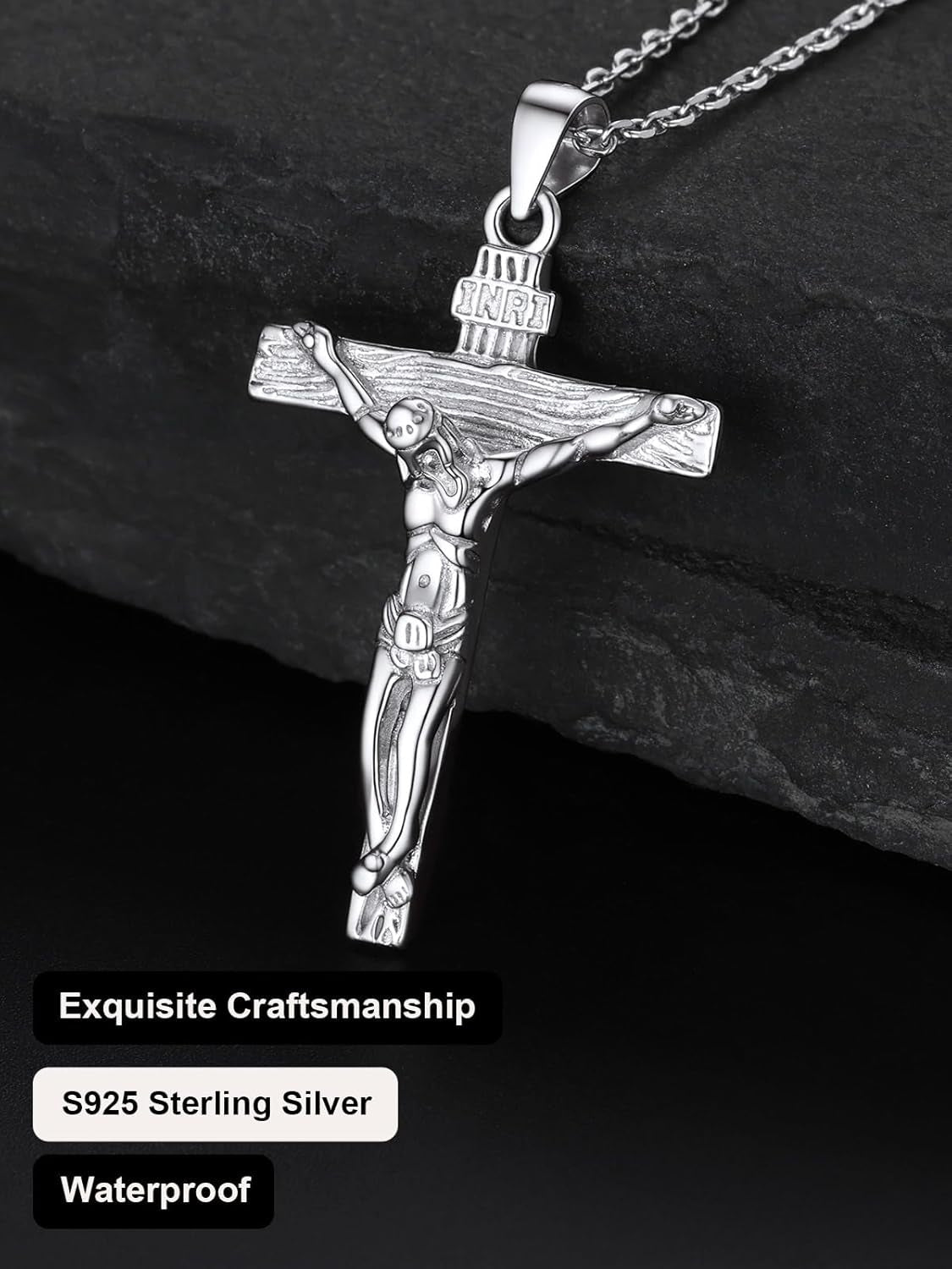 Men Crucifix Cross Pendant with Chain Baptism Christian Jewelry Stainless Steel/18K Gold Antique Jesus Necklace, Gift Packed,Length 22"