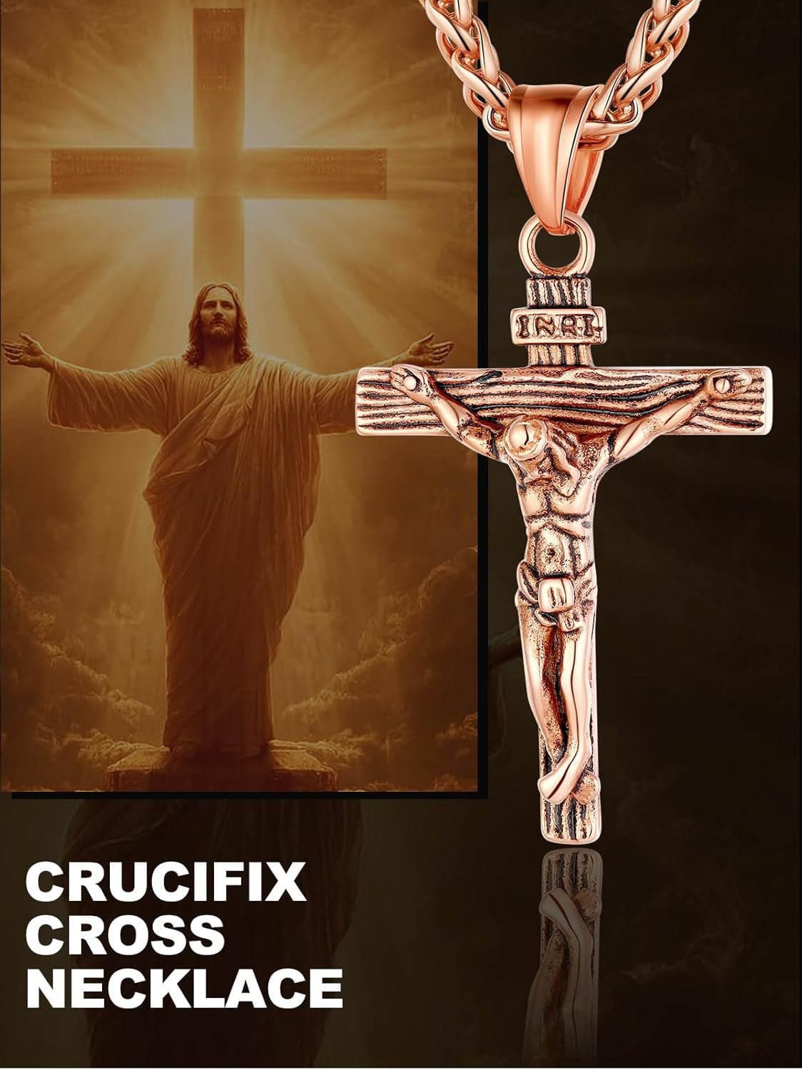 Men Crucifix Cross Pendant with Chain Baptism Christian Jewelry Stainless Steel/18K Gold Antique Jesus Necklace, Gift Packed,Length 22"