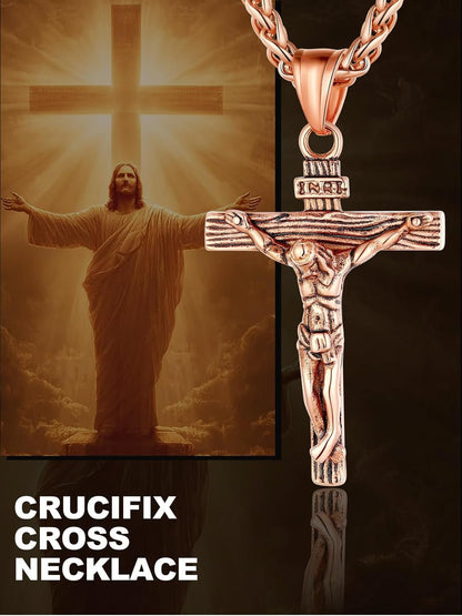 Men Crucifix Cross Pendant with Chain Baptism Christian Jewelry Stainless Steel/18K Gold Antique Jesus Necklace, Gift Packed,Length 22"