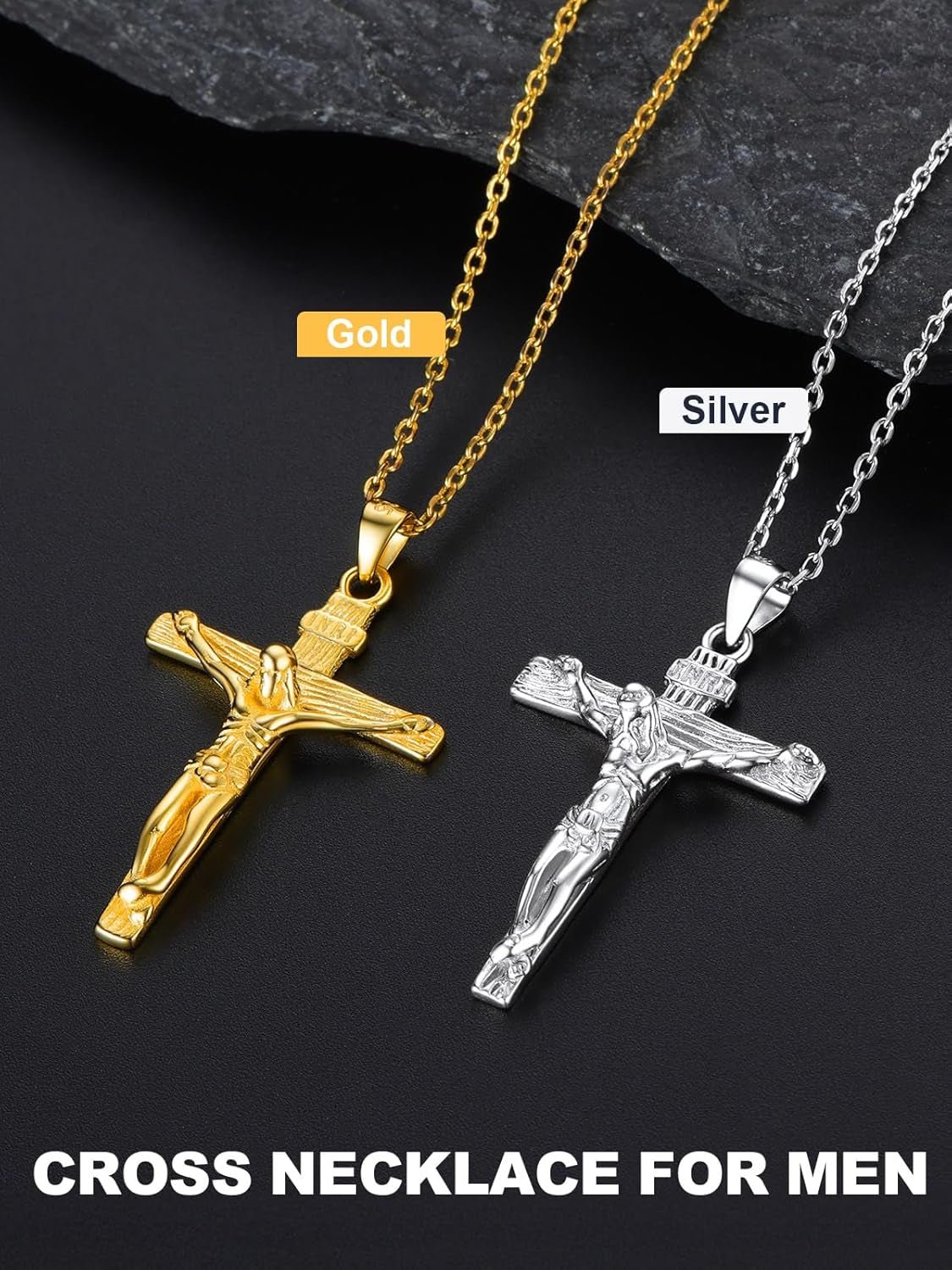 Men Crucifix Cross Pendant with Chain Baptism Christian Jewelry Stainless Steel/18K Gold Antique Jesus Necklace, Gift Packed,Length 22"