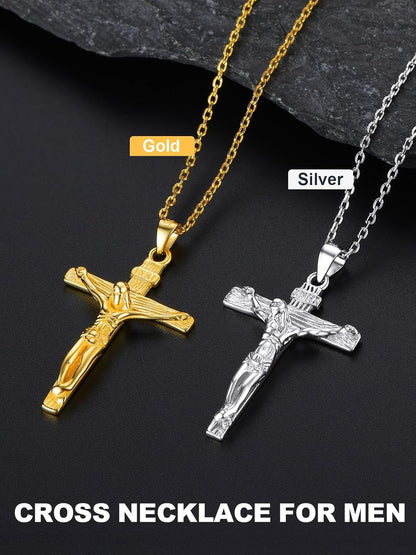 Men Crucifix Cross Pendant with Chain Baptism Christian Jewelry Stainless Steel/18K Gold Antique Jesus Necklace, Gift Packed,Length 22"