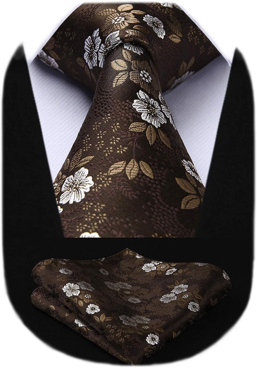 Men Floral Ties Woven Classic 3.4" Necktie Set Formal Tie Pocket Square for Wedding with Handkerchief Gift Box - WORLD TIME VISITS