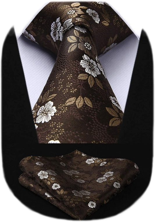 Men Floral Ties Woven Classic 3.4" Necktie Set Formal Tie Pocket Square for Wedding with Handkerchief Gift Box - WORLD TIME VISITS