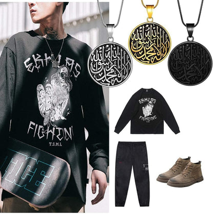 Men Islamic Pendant Necklace - Muslim Allah Necklace Allah Necklace Mens Muslim Islam Pendant 316L Stainless Steel Islamic Arabic Gift Black Gun/18K Gold Plated Islam Jewelry SP0049