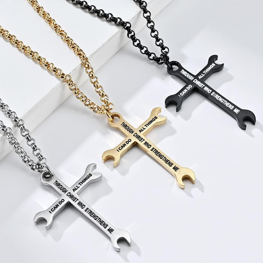 Men Wrench Cross Necklace,Stainless Steel Silver/Gold/Black I Can Do All Things Inspiring Bible Verse Pendant Necklace Christian Jewelry,60Cm Rolo Chain