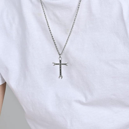 Men Wrench Cross Necklace,Stainless Steel Silver/Gold/Black I Can Do All Things Inspiring Bible Verse Pendant Necklace Christian Jewelry,60Cm Rolo Chain