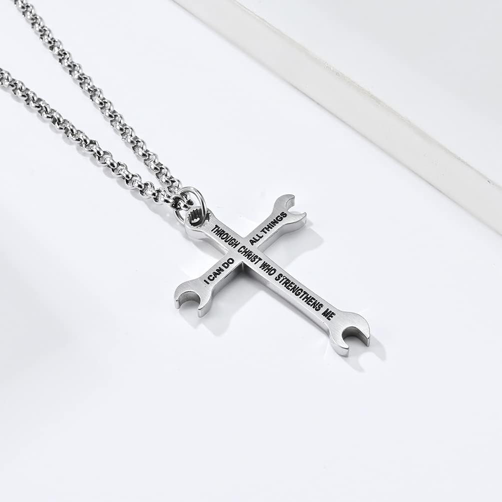 Men Wrench Cross Necklace,Stainless Steel Silver/Gold/Black I Can Do All Things Inspiring Bible Verse Pendant Necklace Christian Jewelry,60Cm Rolo Chain