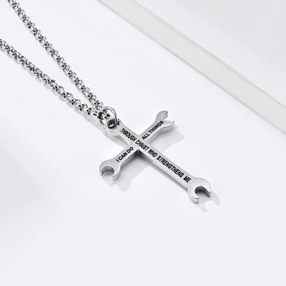 Men Wrench Cross Necklace,Stainless Steel Silver/Gold/Black I Can Do All Things Inspiring Bible Verse Pendant Necklace Christian Jewelry,60Cm Rolo Chain