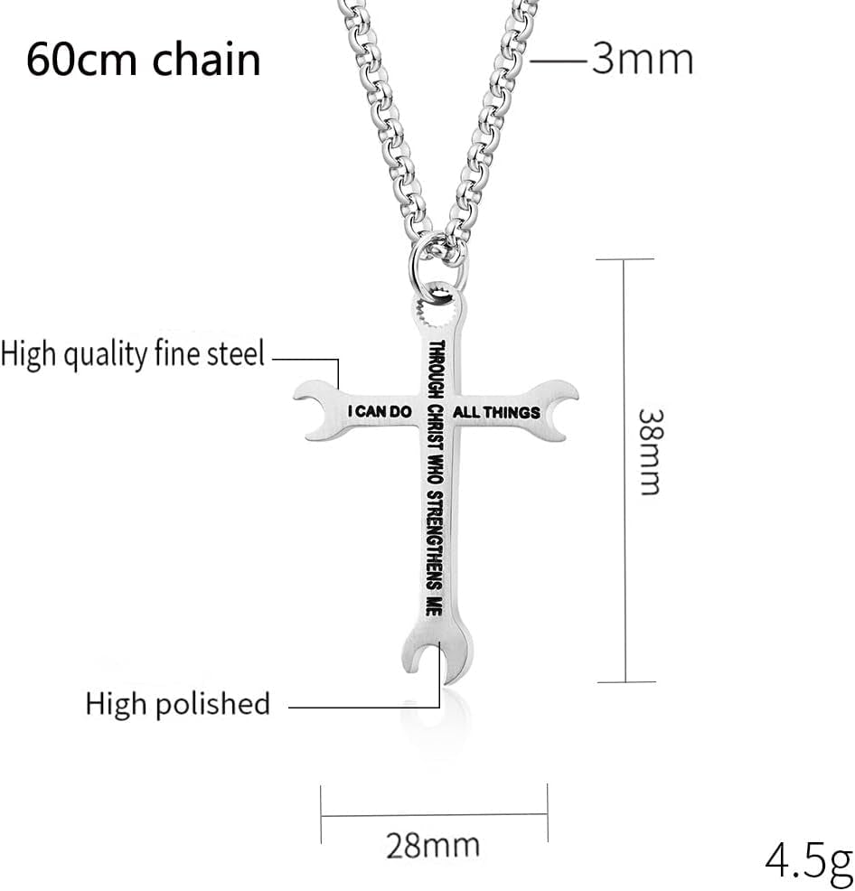 Men Wrench Cross Necklace,Stainless Steel Silver/Gold/Black I Can Do All Things Inspiring Bible Verse Pendant Necklace Christian Jewelry,60Cm Rolo Chain - WORLD TIME VISITS