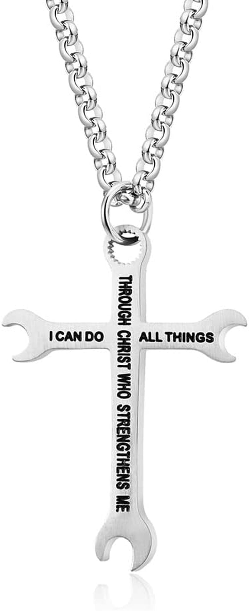 Men Wrench Cross Necklace,Stainless Steel Silver/Gold/Black I Can Do All Things Inspiring Bible Verse Pendant Necklace Christian Jewelry,60Cm Rolo Chain - WORLD TIME VISITS