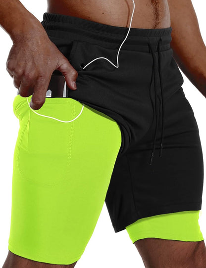 Mens 2 in 1 Running Shorts Quick Dry Gym Athletic Workout Shorts with Compression Liner - WORLD TIME VISITS