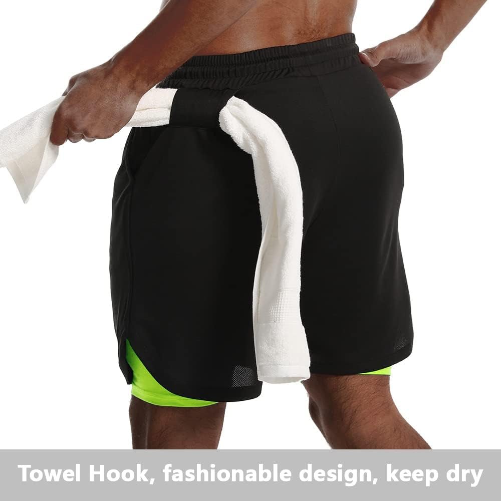 Mens 2 in 1 Running Shorts Quick Dry Gym Athletic Workout Shorts with Compression Liner - WORLD TIME VISITS