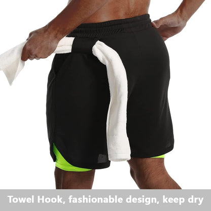 Mens 2 in 1 Running Shorts Quick Dry Gym Athletic Workout Shorts with Compression Liner - WORLD TIME VISITS