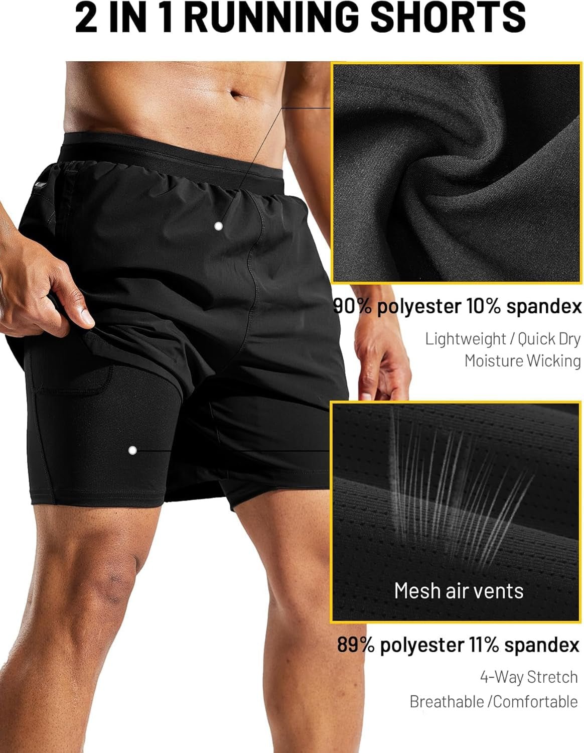 Men'S 2 in 1 Running Shorts with Liner 5" Quick Dry Gym Workout Athletic Shorts with Pockets, Lightweight, Breathable