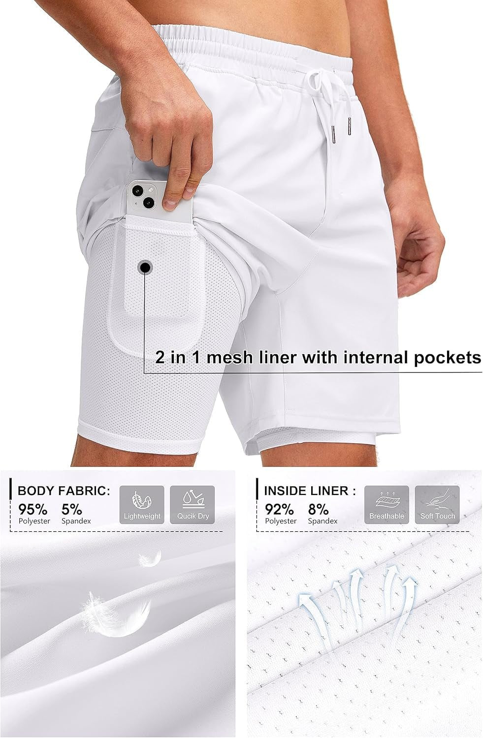 Men'S 2 in 1 Running Shorts with Liner 7 Inch Training Gym Athletic Workout Shorts for Men with Zipper Pockets