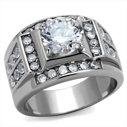 Men's 4.03 Ct Round Cut Simulated Diamond Silver Stainless Steel Ring Sizes 8 - 13 - WORLD TIME VISITS
