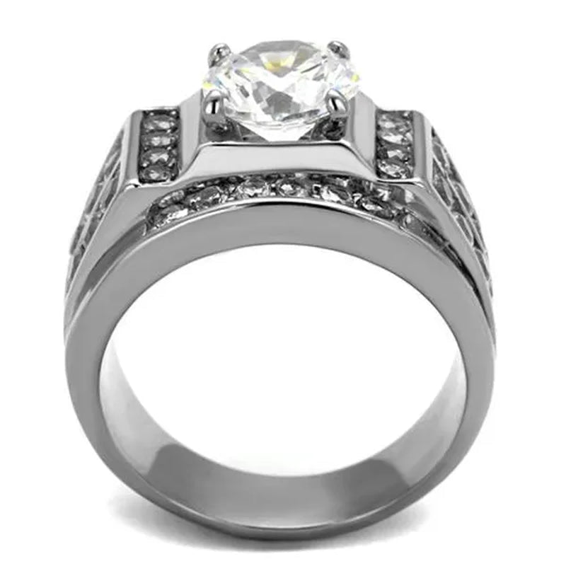 Men's 4.03 Ct Round Cut Simulated Diamond Silver Stainless Steel Ring Sizes 8-13