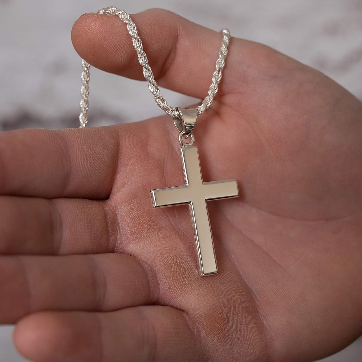 Men'S 925 Sterling Silver 40Mm Christian Cross Pendant Necklace 20In to 24In - WORLD TIME VISITS