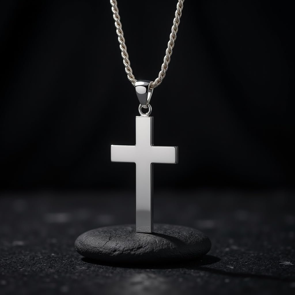 Men'S 925 Sterling Silver 40Mm Christian Cross Pendant Necklace 20In to 24In