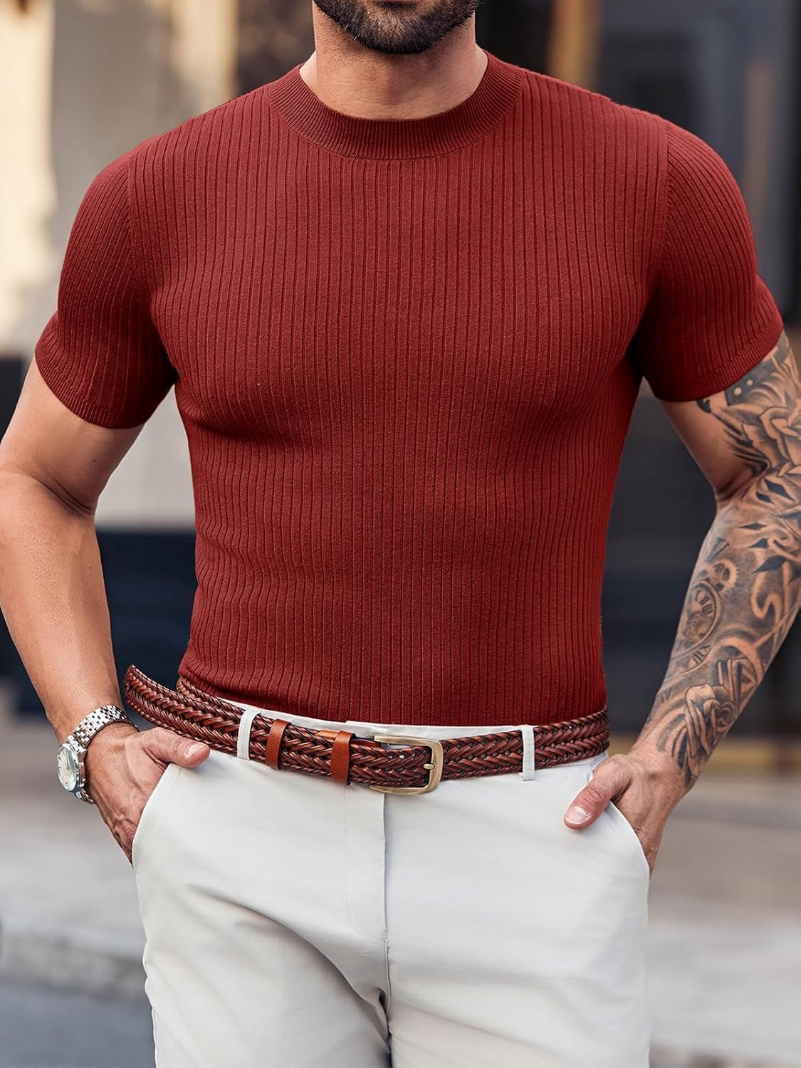 Mens Casual Slim Fit Basic Tops Short Sleeve Shirt Turtleneck T Shirts Rib Knitted Stretch Pullover Sweater - WORLD TIME VISITS