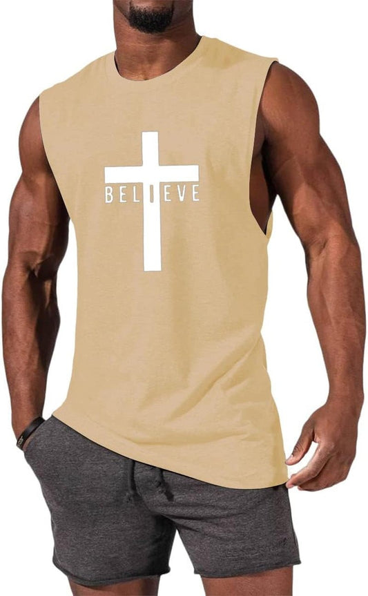 Men'S Cotton Graphic Tank Tops Jesus Cross Believe Printed Faith Christian Shirts - WORLD TIME VISITS