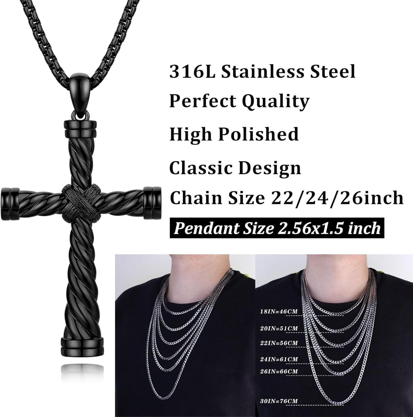 Men'S Cross Necklace 316L Stainless Steel Large Heavy Cross Pendant for Men Polished Jewelry Rolo Chain with 22'' 24'' 26''