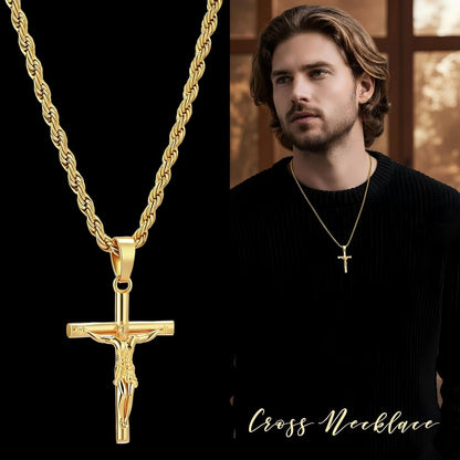 Mens Cross Necklace - Gold/Silver Chain, 18K Gold Plated Crucifix Pendant, Jewelry Gift for Him - WORLD TIME VISITS