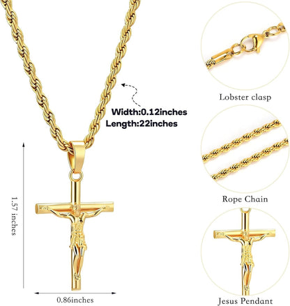 Mens Cross Necklace - Gold/Silver Chain, 18K Gold Plated Crucifix Pendant, Jewelry Gift for Him
