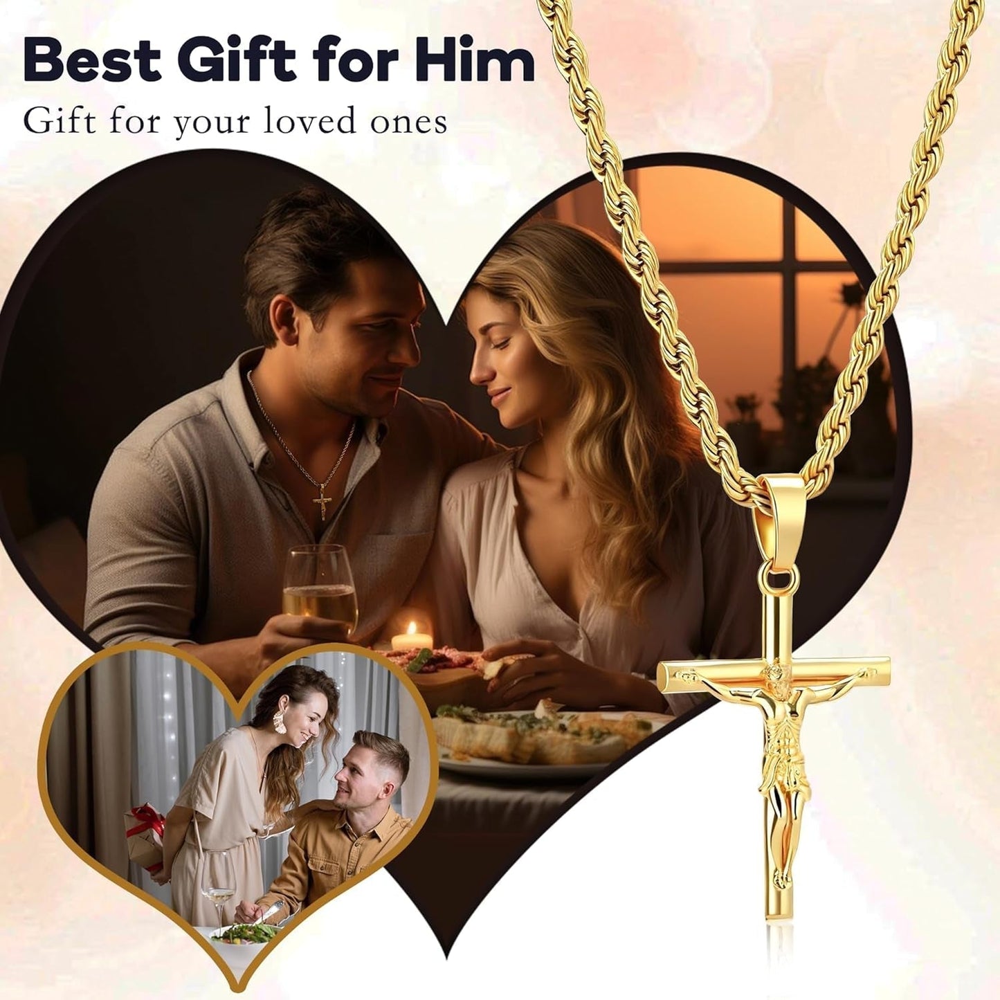 Mens Cross Necklace - Gold/Silver Chain, 18K Gold Plated Crucifix Pendant, Jewelry Gift for Him