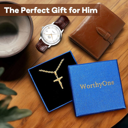 Mens Cross Necklace - Gold/Silver Chain, 18K Gold Plated Crucifix Pendant, Jewelry Gift for Him