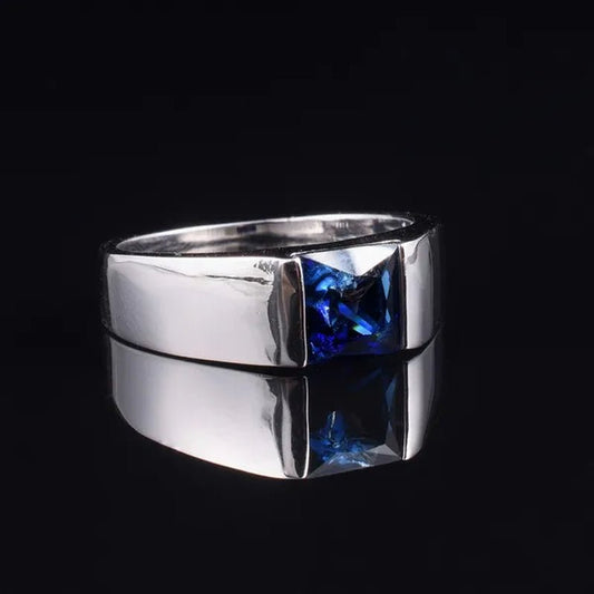 Men's Eternity 925 Sterling Silver Square natural Blue Sapphire Stone Solitaire Ring Size 8 - 13 - WORLD TIME VISITS