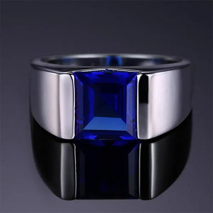 Men's Eternity 925 Sterling Silver Square natural Blue Sapphire Stone Solitaire Ring Size 8 - 13 - WORLD TIME VISITS