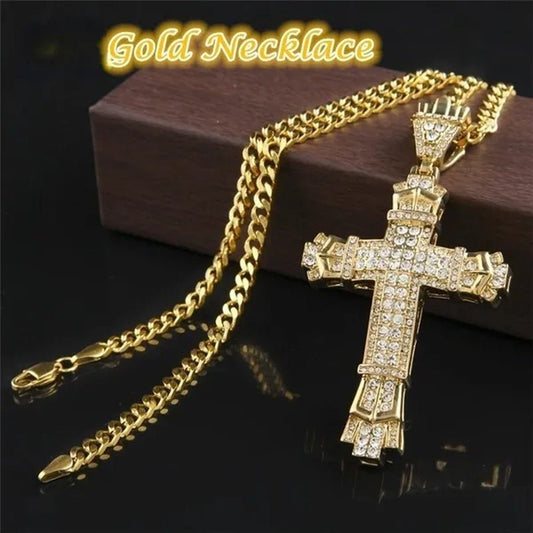 Men's Fashion Jewelry Gold / Silver DIAMOND Cross Pendant Necklace Chain Cross Necklace - WORLD TIME VISITS