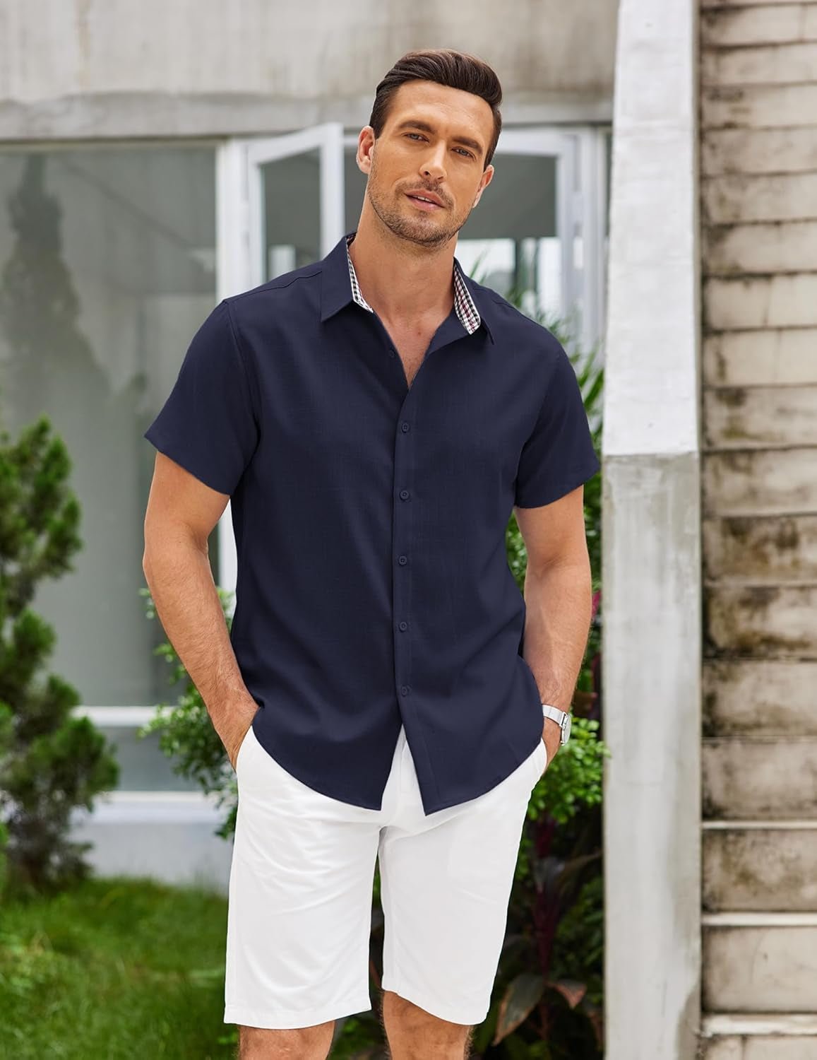 Mens Linen Shirt Short Sleeve Button down Shirts Casual Plaid Collar Summer Beach Shirts