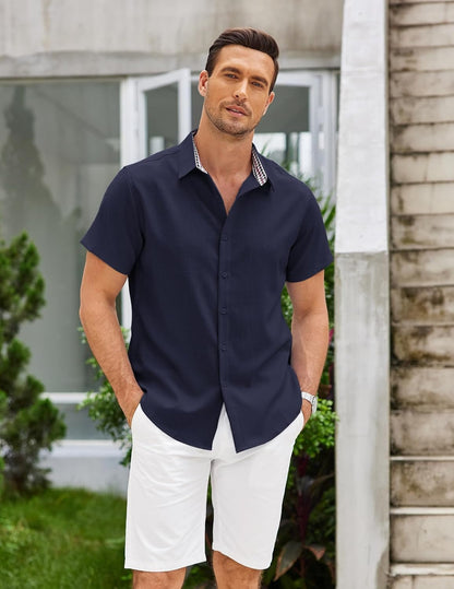 Mens Linen Shirt Short Sleeve Button down Shirts Casual Plaid Collar Summer Beach Shirts