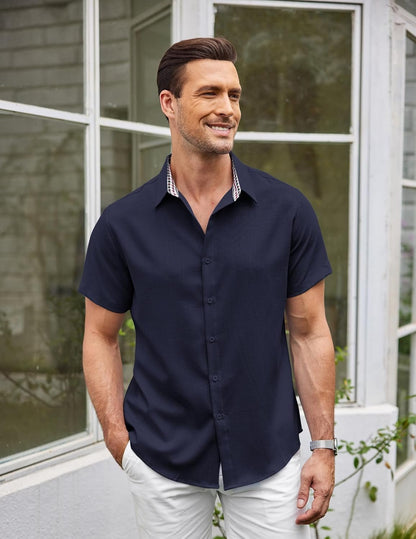 Mens Linen Shirt Short Sleeve Button down Shirts Casual Plaid Collar Summer Beach Shirts