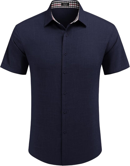 Mens Linen Shirt Short Sleeve Button down Shirts Casual Plaid Collar Summer Beach Shirts - WORLD TIME VISITS
