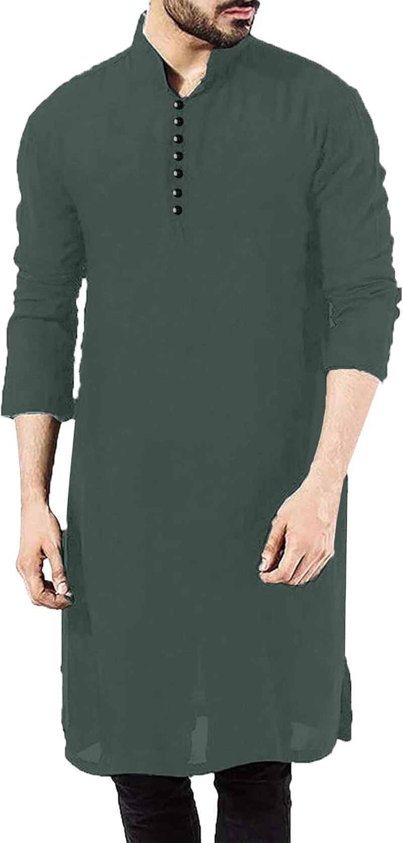 Men'S Long Sleeve Muslim Thobe Robe Button up Kaftan with Side Split and Pockets - WORLD TIME VISITS