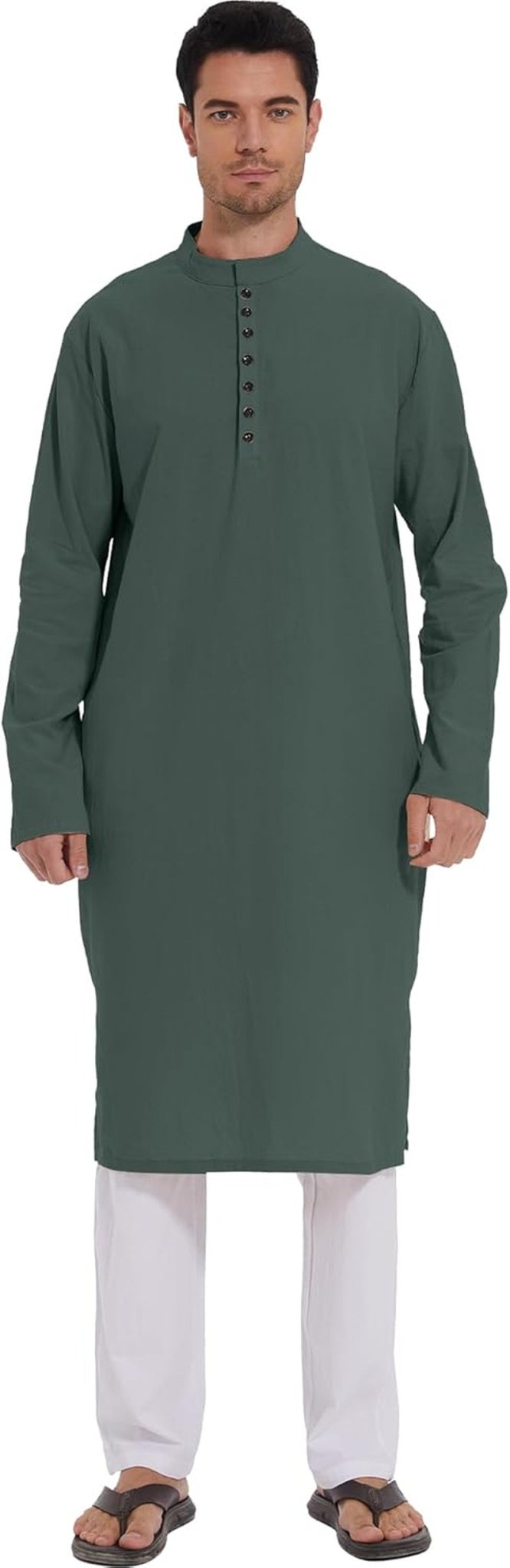 Men'S Long Sleeve Muslim Thobe Robe Button up Kaftan with Side Split and Pockets - WORLD TIME VISITS