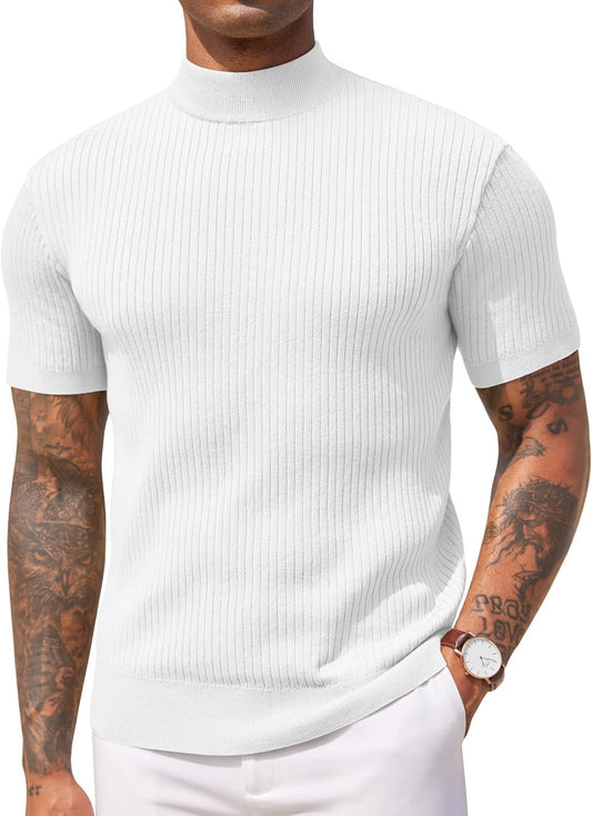 Men'S Mock Turtleneck Sweater Short Sleeve Casual Basic Tops Ribbed Knit Pullover Solid Tee - WORLD TIME VISITS