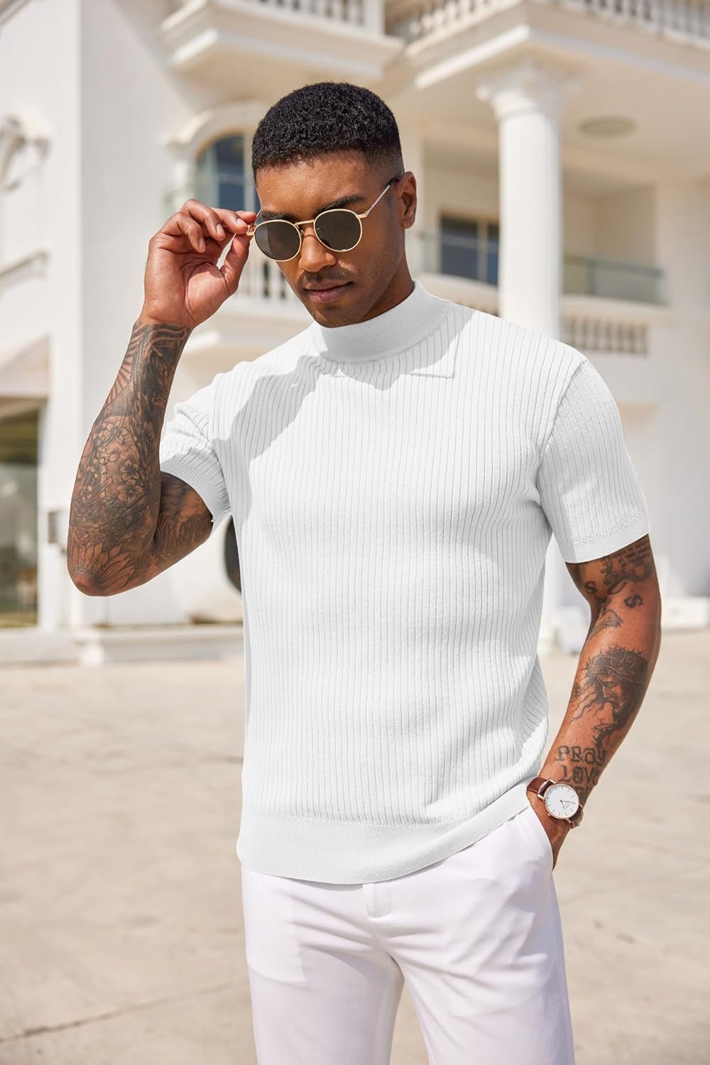 Men'S Mock Turtleneck Sweater Short Sleeve Casual Basic Tops Ribbed Knit Pullover Solid Tee - WORLD TIME VISITS