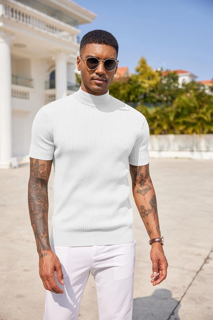 Men'S Mock Turtleneck Sweater Short Sleeve Casual Basic Tops Ribbed Knit Pullover Solid Tee