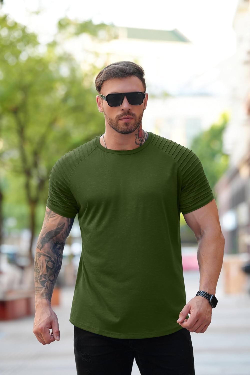 Men'S Muscle T-Shirt Pleated Raglan Sleeve Bodybuilding Gym Tee Short Sleeve Fashion Workout Shirts Hipster Shirt