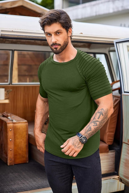 Men'S Muscle T-Shirt Pleated Raglan Sleeve Bodybuilding Gym Tee Short Sleeve Fashion Workout Shirts Hipster Shirt