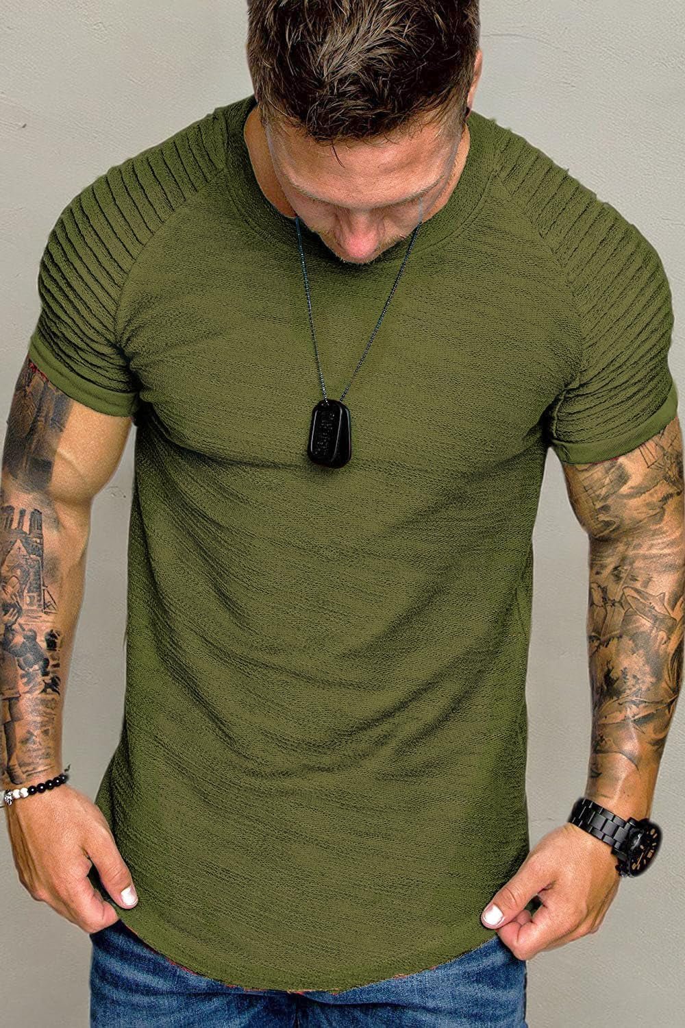 Men'S Muscle T-Shirt Pleated Raglan Sleeve Bodybuilding Gym Tee Short Sleeve Fashion Workout Shirts Hipster Shirt