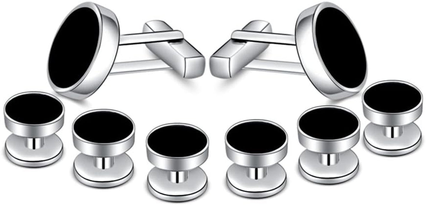 Mens Onyx Cufflinks and Studs Set Silver Black Cufflinks for Men Tuxedo Shirts Business Wedding Gift