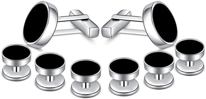 Mens Onyx Cufflinks and Studs Set Silver Black Cufflinks for Men Tuxedo Shirts Business Wedding Gift