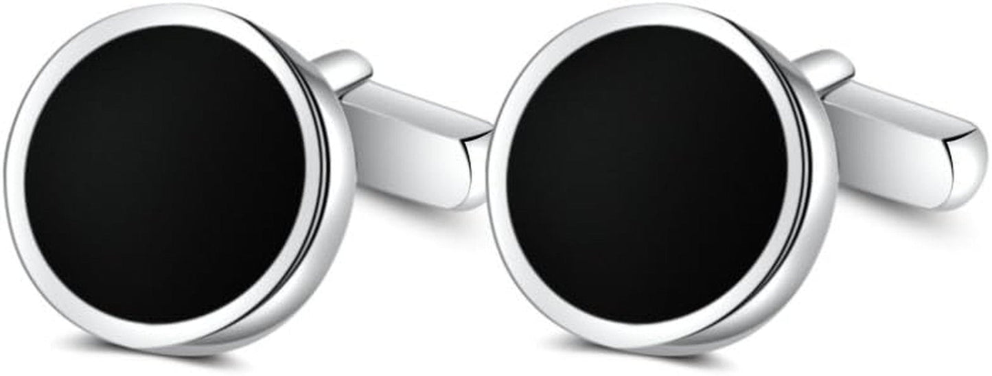 Mens Onyx Cufflinks and Studs Set Silver Black Cufflinks for Men Tuxedo Shirts Business Wedding Gift